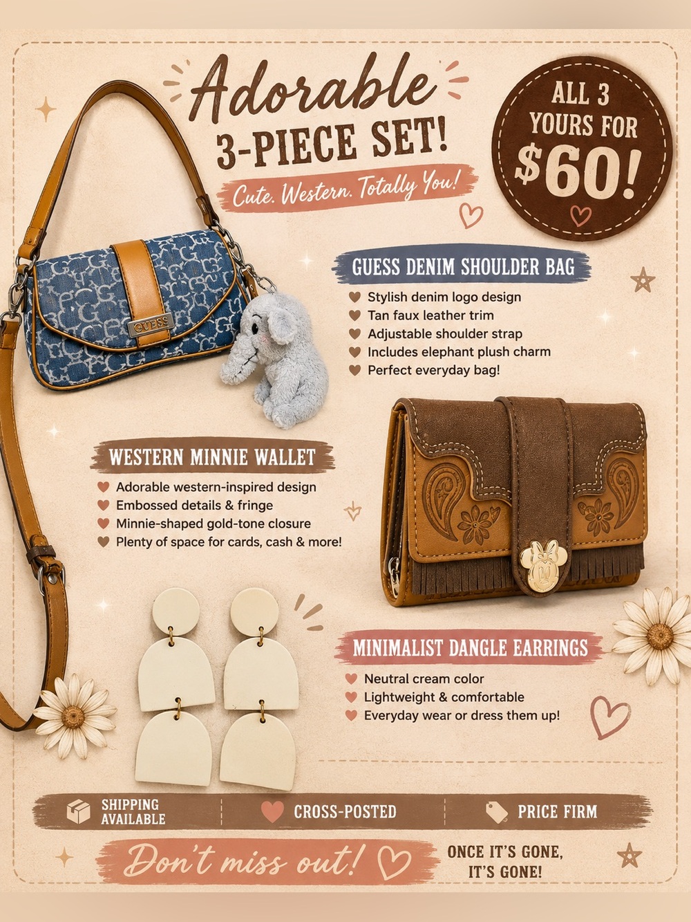 GUESS Blue Denim Shoulder Bag + Bag charm + White Acrylic Earrings + Wallet